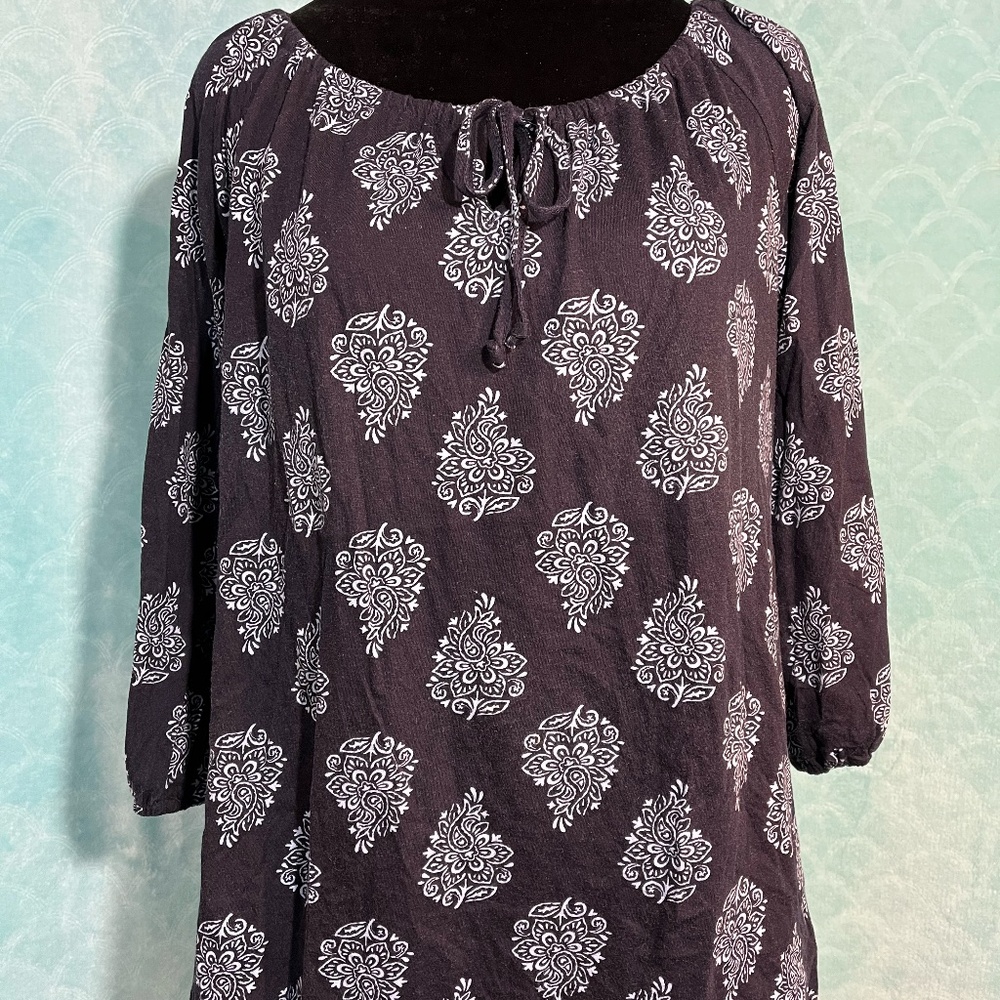 Jones New York Sport Boho Navy Blue Paisley Peasant Blouse Cotton 3/4 Slv Larg